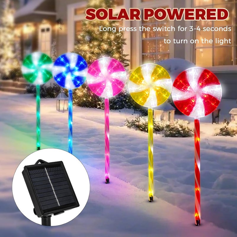 ILLUMINEW Outdoor Christmas Decorations Solar Pathway Lights, Set of 5 Lollipops Peppermint Stake Lights, 8 Modes Candy Cane Walkside Lights, Outdoor Xmas Decoration for Walkway,Yard - Image 5